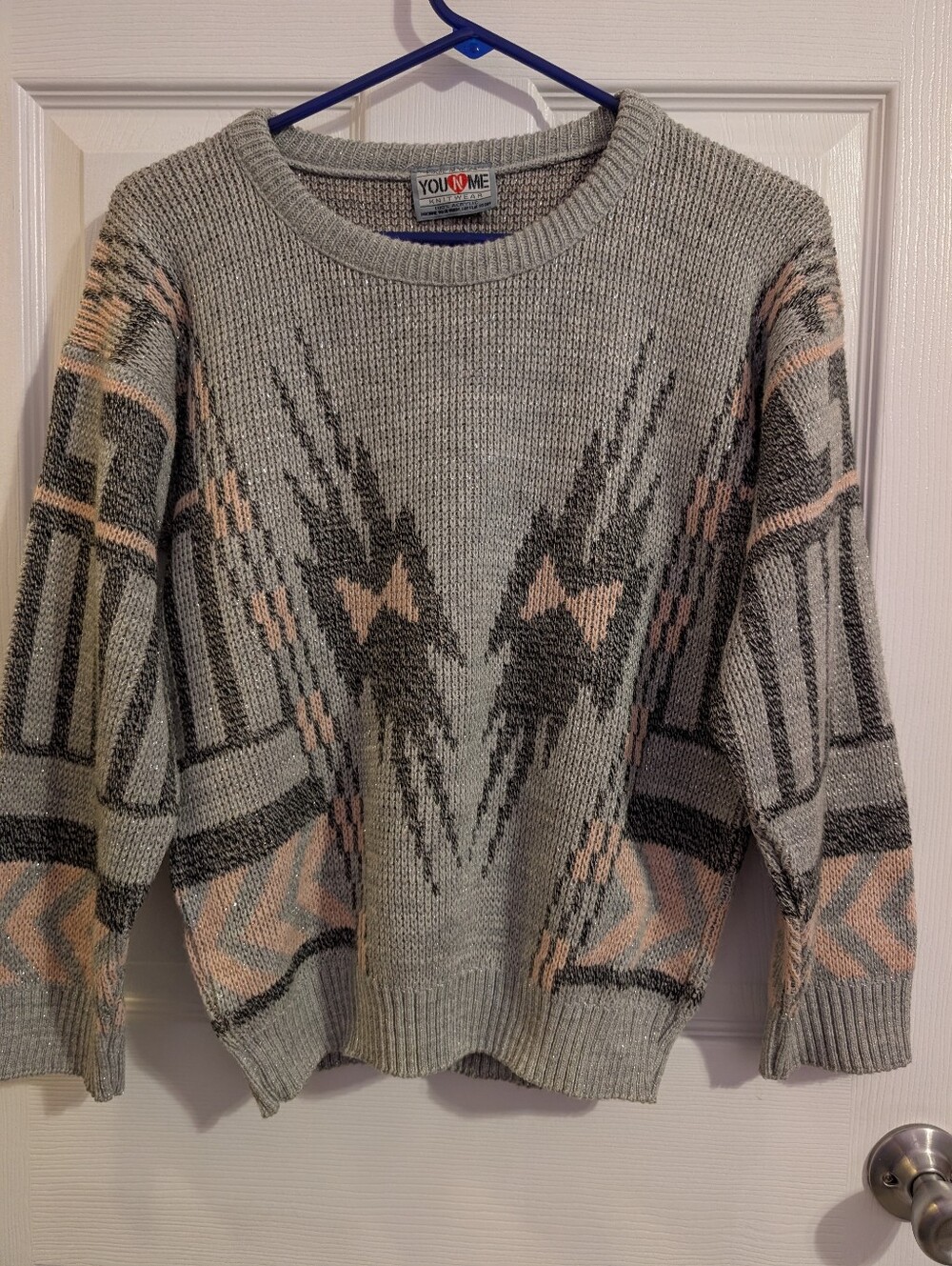 Vintage Geomtric Pattern Knit Sweater Womens M/L Gray/Pink Bohemian Acrylic 80's